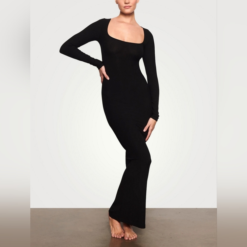 SKIMS Soft Lounge Ribbed Long Sleeve Dress in Black 2XL